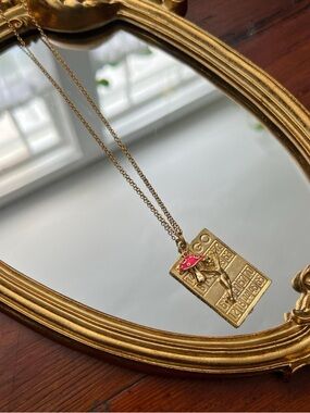 Gold Plate bingo Pendant Necklace with Red Mushroom Accent